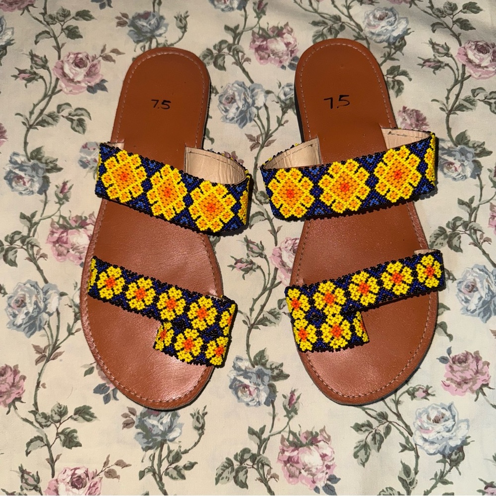 Handcrafted Yellow/Blue Beaded Sandals- Women’s 7.5